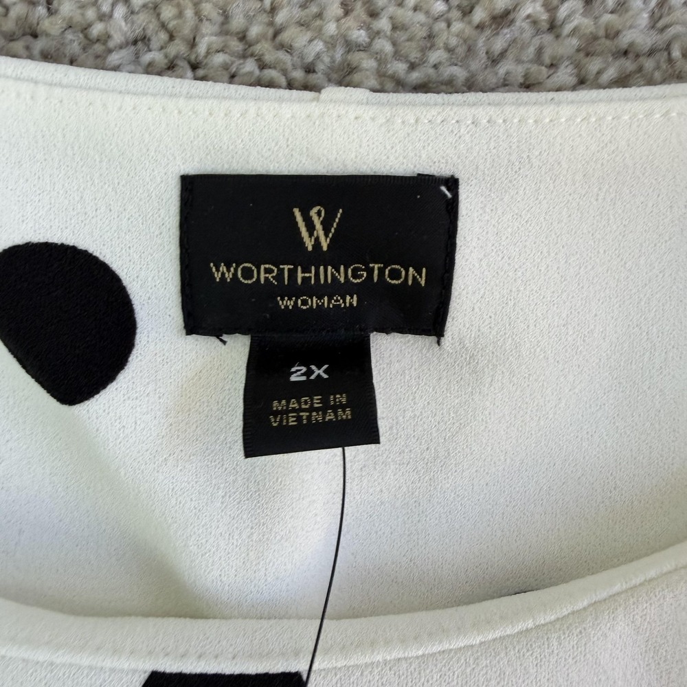 Worthington Blouse Womens 2X White Polka Dot Tie Waist Short Sleeve Peplum - Picture 3 of 7